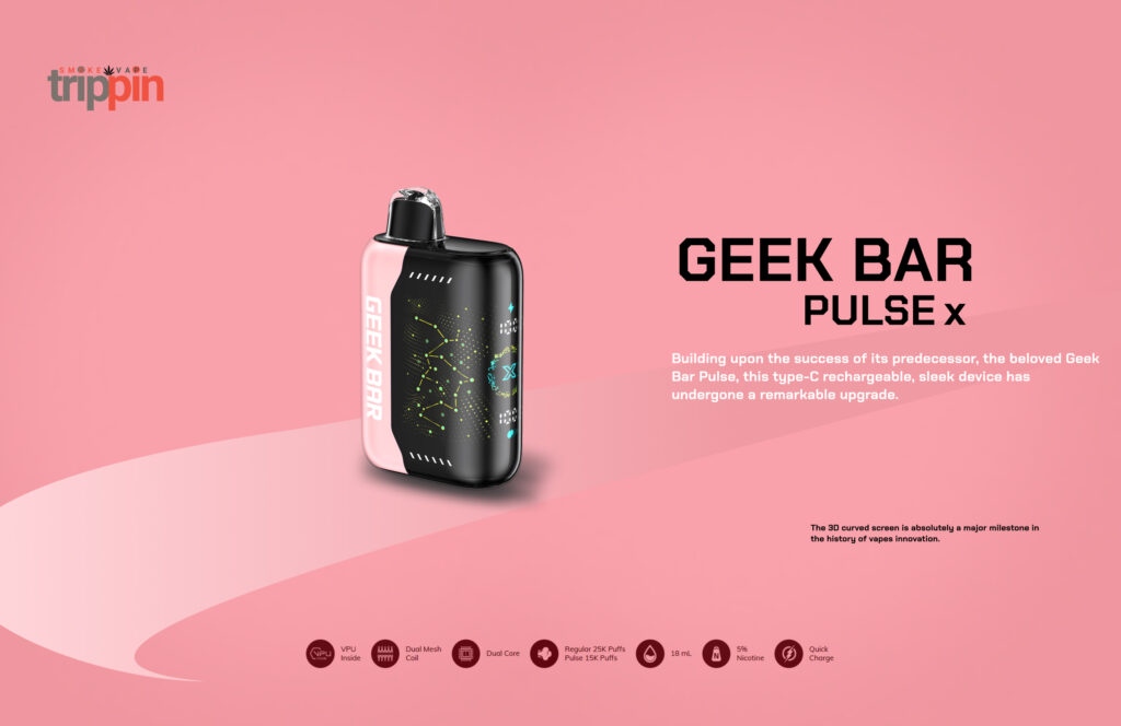 Geek Bar Pulse X 25k disposable vape with 3D curved screen and dual-core technology available at Trippin Smoke and Vape Shop.

