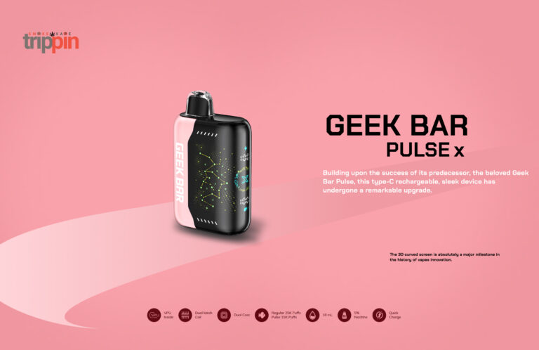 Geek Bar Pulse X 25k disposable vape with 3D curved screen and dual-core technology available at Trippin Smoke and Vape Shop.