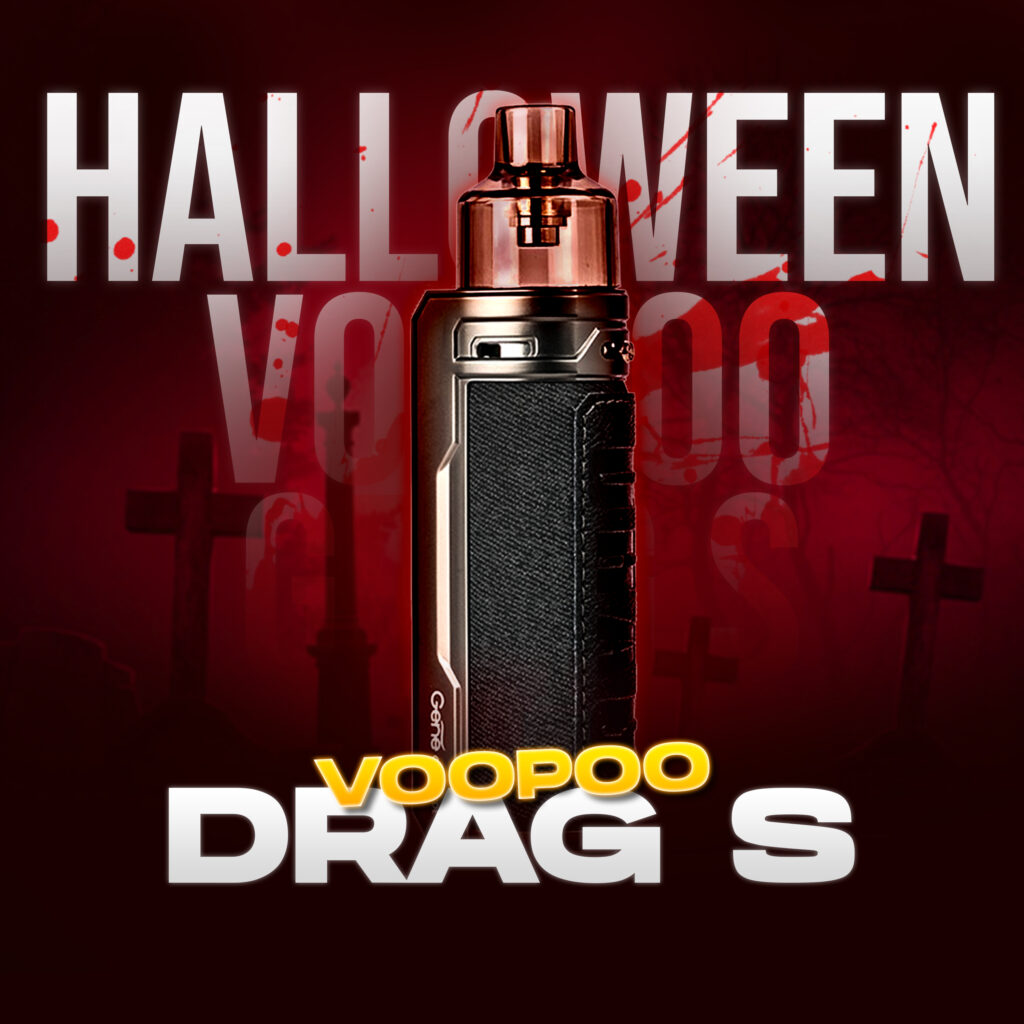 Voopoo Drag S available at the best vape shop in Saint Joseph, Trippinsmokers, Halloween-themed display.